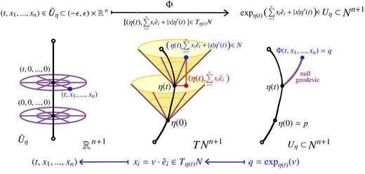 FIG. 4. Temple’s future null coordinate chart along a timelike curve.