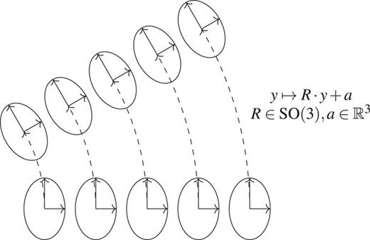 Rigid transformation of a Cosserat continuum. Observe that the material particles rotate together with spatial points, therefore spatial and microstructural rotations are not independent.