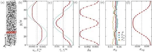 Inhomogeneous flow of a dense suspension of frictional spherical particles. Shown here are (a) a typical configuration of the system for     ϕ ¯ = 0.60, with the highlighted region highlighting a coarse-graining box; and the steady-state profiles in   y of (b) the streaming velocity field     U  ∞ ( y ) in the      x ^ direction (solid line) and   x component of the coarse-grained velocity field of the particles    u (solid points); (c) the expected shear rate for a Newtonian fluid      γ ˙ ∞ = ∂  U x  ∞ / ∂ y (solid line) and the measured shear rate     γ ˙ = ∂  u x / ∂ y (solid points); (d) the measured velocity fluctuations   δ u; (e) the pressure   P and the normal stresses    σ  i i; (f) the shear stress    σ  x y computed from the particle interactions.