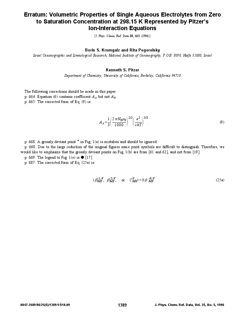 First page of Erratum: Volumetric Properties of Single Aqueous Electrolytes from Zero to Saturation Concentration at 298.15 K Represented by Pitzer’s Ion‐Interaction Equations [J. Phys. Chem. Ref. Data <bold>25</bold>, 663 (1996)]
