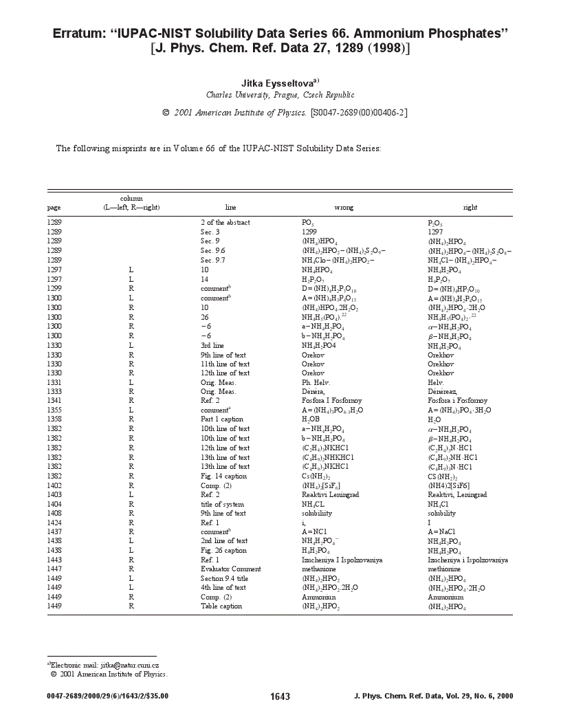 Erratum: “IUPAC-NIST Solubility Data Series 66. Ammonium Phosphates” [J ...