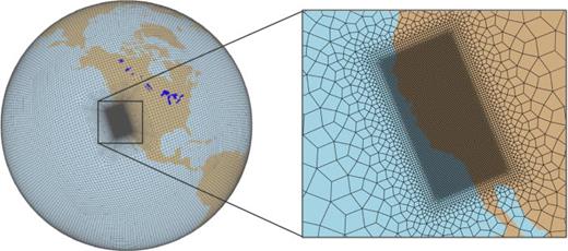 Visualization of the E3SM California RRM, as used in Bogenschutz  (2024) and Zhang  (2024). The global grid has roughly 100 km resolution, with refinement down to 3 km over California.