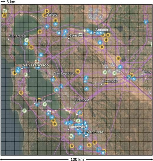 High-resolution climate model grids will enable a more unified framework for simulating interactions between the climate and energy systems. Shown is an illustration of the energy infrastructure contained within a single grid cell of a typical climate model with 100 km resolution. A high-resolution 3 km grid, which begins to resolve generation sites, load centers, and transmission lines, is overlaid. The background image, from the U.S. Energy Atlas (EIA, 2023), shows the San Francisco Bay Area, including transmission lines (pink lines), wind farms (gray circles), solar farms (yellow circles), natural gas power plants (blue circles), and biomass power plants (green circles).
