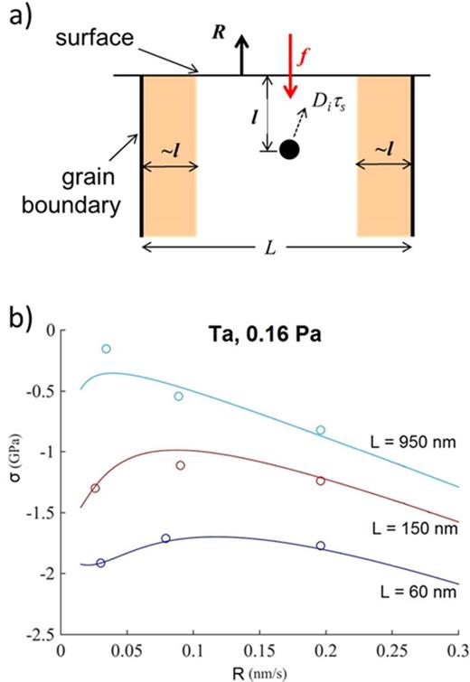 Fig. 10. (Color online) (a) Schematic of the defect creation and annihilation processes due to energetic particle bombardment considered in the stress model. (b) Evolution of the steady-state stress of sputtered Ta films with different grain sizes L vs deposition rates R. Symbols refer to experimental data obtained from real-time MOSS, and solid lines are fits to the model described in the text.