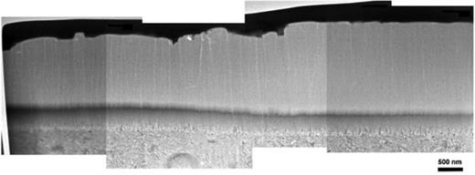 Fig. 25. Cross-sectional TEM micrograph of a WC/a-C:H coating on a roller from a bearing after experiencing about 20 × 106 revolutions in boundary lubrication and at 1.5 times rated load.