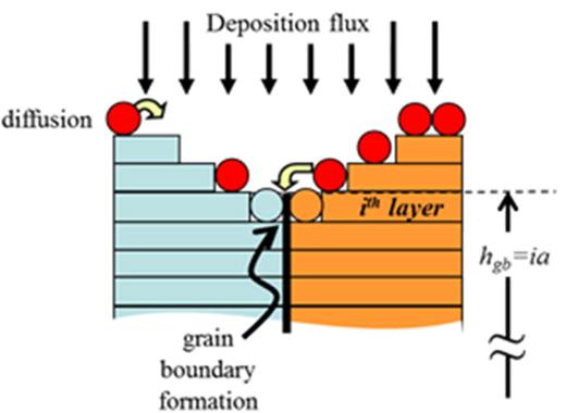 Fig. 6. (Color online) Schematic of a section of the thin film around a GB illustrating kinetic processes that can influence stress. Reprinted with permission from E. Chason, Thin Solid Films 516, 1 (2012). Copyright 2012, Elsevier (Ref. 141).