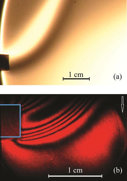 Fig. 3. (Color online) Comparison of (a) schlieren photography and (b) interference pattern for horizontal He flow (1 slm) without plasma discharge. Note the different scales and the arrow indicating the gravitational field.