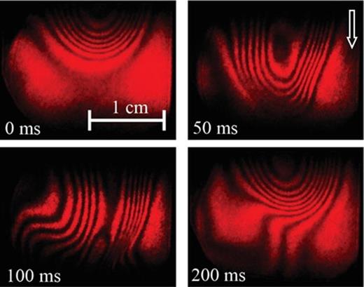 Fig. 6. (Color online) Interference patterns obtained for a vertical He flow (1 slm) with plasma in the burst mode. From the evolution of interference patterns, we concluded that the transition from laminar to turbulent flow occurred at about 100 ms after ignition of the burst that was also observed at the same timescale in the continuous mode. Note the arrow indicating the gravitational field.
