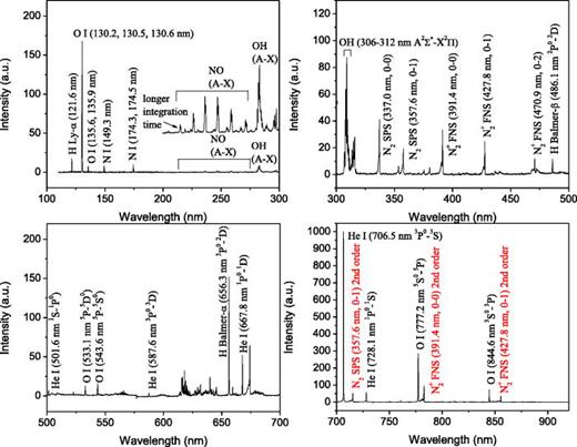Fig. 6. (Color online) Typical emission spectra from 115 to 950 nm, recorded along the axis of the discharge (θ1 = θ2 = 0°). Lines in parenthesis are second order peaks. The most intense peak was normalized to have an intensity of 1000.