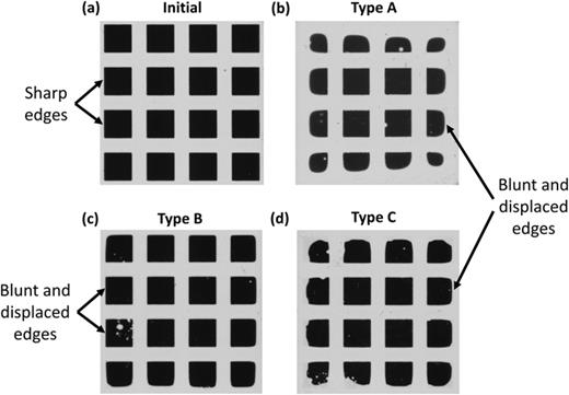 FIG. 4. Optical images of Ca samples (a) initial and (b), (c), and (d) after 360 h in a humid environment (60°/90% RH).