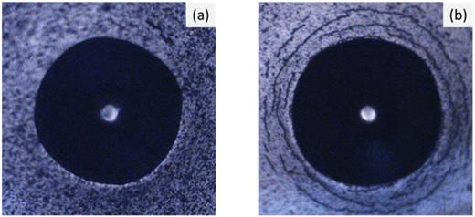 Optical micrographs obtained after the Rockwell indentation tests (VDI 198) for (a) the TiN films deposited using the hybrid bipolar HiPIMS operated at 2 kW where the adhesion is assessed as HF1 level and (b) for films deposited using nonhybrid unipolar HiPIMS-deposited TiN films where the adhesion is assessed as the HF2 level.