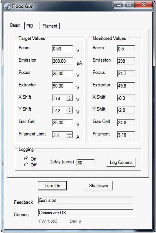 Pop-up screen showing the flood gun menu for the Thermo K-alpha XPS. This menu displays the dual-beam flood gun parameters that can be varied to improve the charge-control conditions of the active sample. The monitored values are the actual (readback) values that result when the target values are changed.