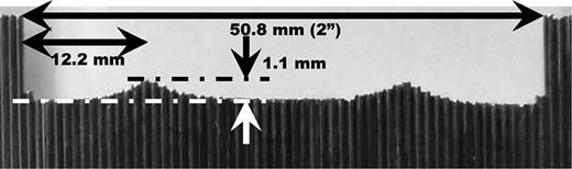 Image of the Shape tracer form of the target surface. The vertical dimension has been multiplied by 2. The depth of the racetrack is approximately 1.1 mm, and the deepest point is 12.2 mm from the edge of the target.