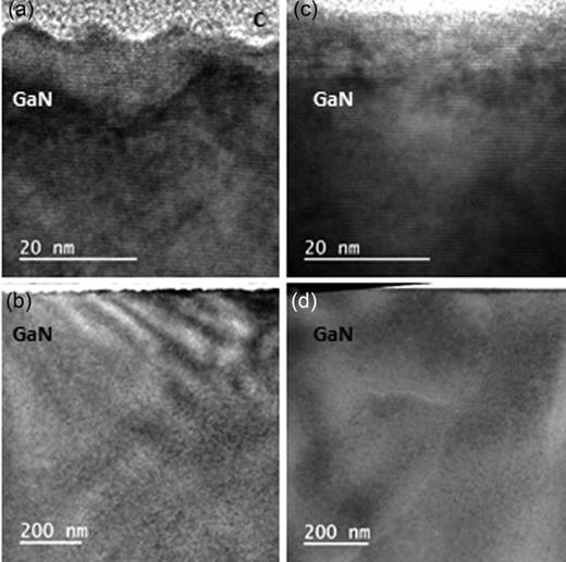Fig. 3. Cross-sectional TEM images of the near-surface region (a) and the entire thickness of the MBE-grown homoepitaxial layers, the regrowth interface region, and the HVPE-grown GaN substrate (b) of sample A. Corresponding images from sample E are shown in (c) and (d). Note the relatively wavy surface of sample A, which is consistent with the AFM image of Fig. 1(a). No TDs are seen to have been generated at the regrowth interface of any of the samples, nor is the regrowth interface visible in any image from the five samples. The carbon and platinum layers deposited during preparation of the samples for TEM analysis are visible above the MBE GaN layers. 