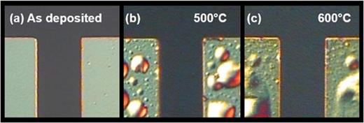 Fig. 5. (Color online) Optical micrographs of TLM patterns on Au/Ti/ITO/Ga2O3 (a) as-deposited, (b) after 500 °C anneal, and (c) 600 °C anneal. The pad separation is 10 μm in each case.