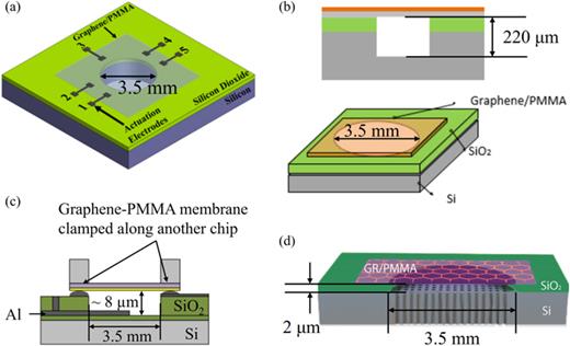 Common structures for designing microphones with a 3.5-mm diameter suspended graphene-based membrane. (a) An open-cavity resonator without a fixed back plate. Reused with permission from Al-mashaal et al., Appl. Phys. Lett. 111, 243503 (2017). Copyright 2017 Author(s), licensed under a Creative Commons License (Ref. 23). (b) A closed-cavity structure. Reused with permission from Xu et al., IEEE Sens. J. 20, 4618 (2020). Copyright 2020 IEEE (Ref. 43). (c) A two-chip-assembled structure. Reused with permission from Wood et al., IEEE Sens. 19, 7234 (2019). Copyright 2019 IEEE (Ref. 46). (d) A structure with multiple vent holes in a fixed back plate. Reused with permission from Xu et al., ACS Appl. Mater. Inter. 13, 38792 (2021). Copyright 2021 Author(s), licensed under a Creative Commons License (Ref. 45).