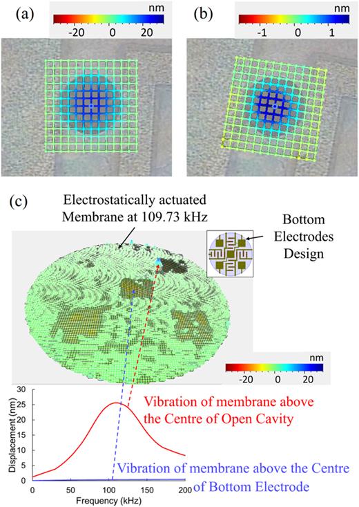 Mode shape observed with the LDV of the membrane [(a) and (b)] over the vent hole under (a) electrostatic actuation (4.5 V AC and 4 V DC) at a resonant frequency of 109.73 kHz and (b) electrothermal actuation (5 V AC and 1 V DC) at a resonant frequency of 111.91 kHz; and (c) over the entire suspended membrane under electrostatic actuation (4.5 V AC + 4 V DC) at the resonant frequency of 109.73 kHz.