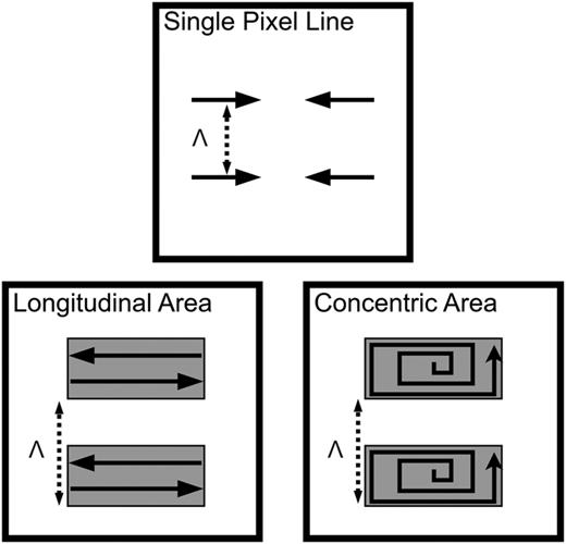 Three scanning routines used in this work. The solid arrows indicate the movement of the FIB and the grating pitch,   Λ, is indicated by the dotted arrows.