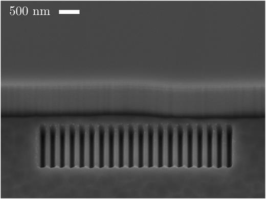 Off-ridge grating that has been milled using bismuth ions and a longitudinal scanning routine with a dose of 52 800   μ  C /   cm 2.