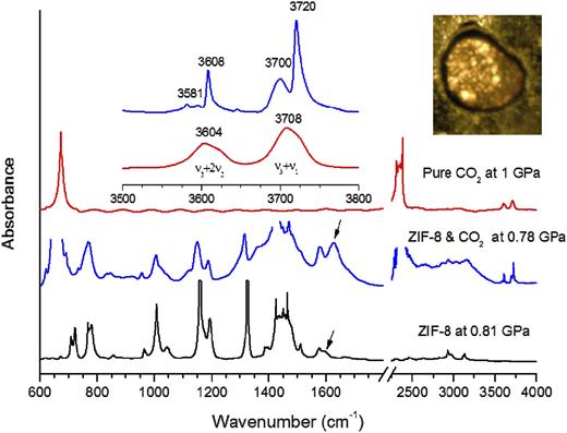 FIG. 11. IR absorption spectra of pure CO2, pure ZIF-8, and ZIF-8 loaded with CO2 at mild pressures of the order of 0.78–1.0 GPa. The left inset shows the zoomed spectral region of 3500–3800 cm−1. The right inset shows a photograph of ZIF-8 loaded with CO2. Reprinted with permission from Hu et al., J. Am. Chem. Soc. 135(25), 9287–9290 (2013). Copyright 2013 American Chemical Society.