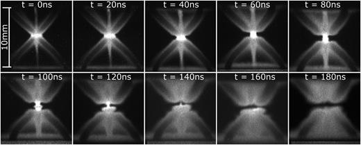 FIG. 6. Temporally gated optical emission emanating from the load captured every 20 ns with 5 ns exposure time. The initial frames show wire expansion followed by magnetic compression and a micropinch formed at t = 120 ns. The timing of the frame showing the micropinch formation coincided with the emission recorded by the x-ray diodes to within the interframe time. The contrast is optimized for each image separately to highlight the morphology of the X-pinch.
