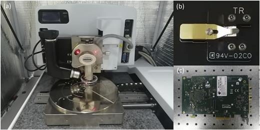 FIG. 8. (a) Dimension Icon (Bruker) AFM. (b) TR probe clamp. (c) M2p.5923-x4 high-speed eight-channel data acquisition card.