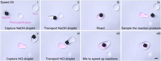 Process of an HMSR manipulating acid, phenolphthalein, and alkaline droplets to enable them to react. Scale bar: 5 mm.