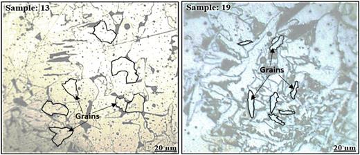Optical microscope images of the weld metal in samples 13 and 19.