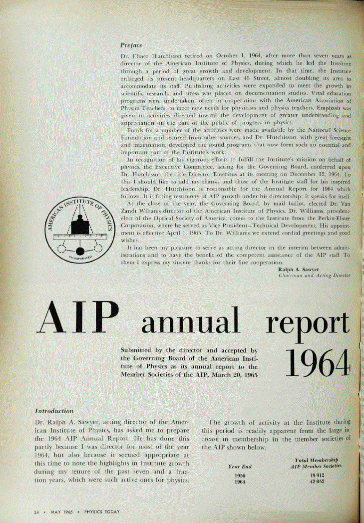 First page of AIP annual report 1964<alt-title alt-title-type="deck">Submitted by the director and accepted by the Governing Board of the American Institute of Physics as its annual report to the Member Societies of the AIP, March 20, 1965</alt-title>