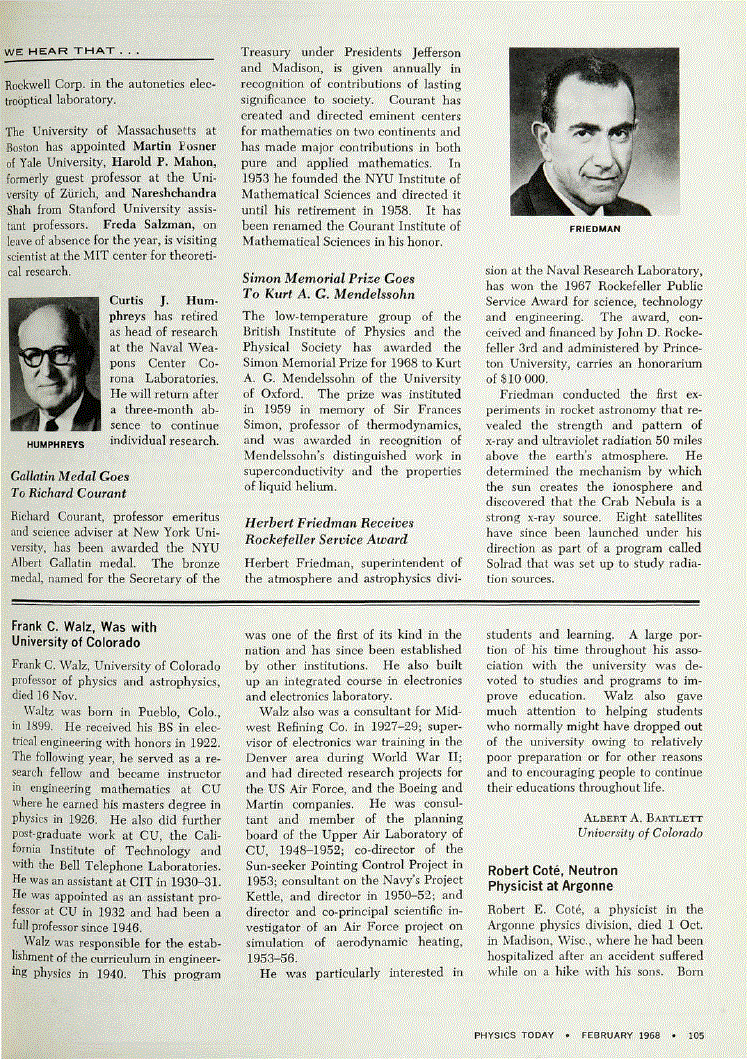 Herbert Friedman Receives Rockefeller Service Award | Physics Today ...