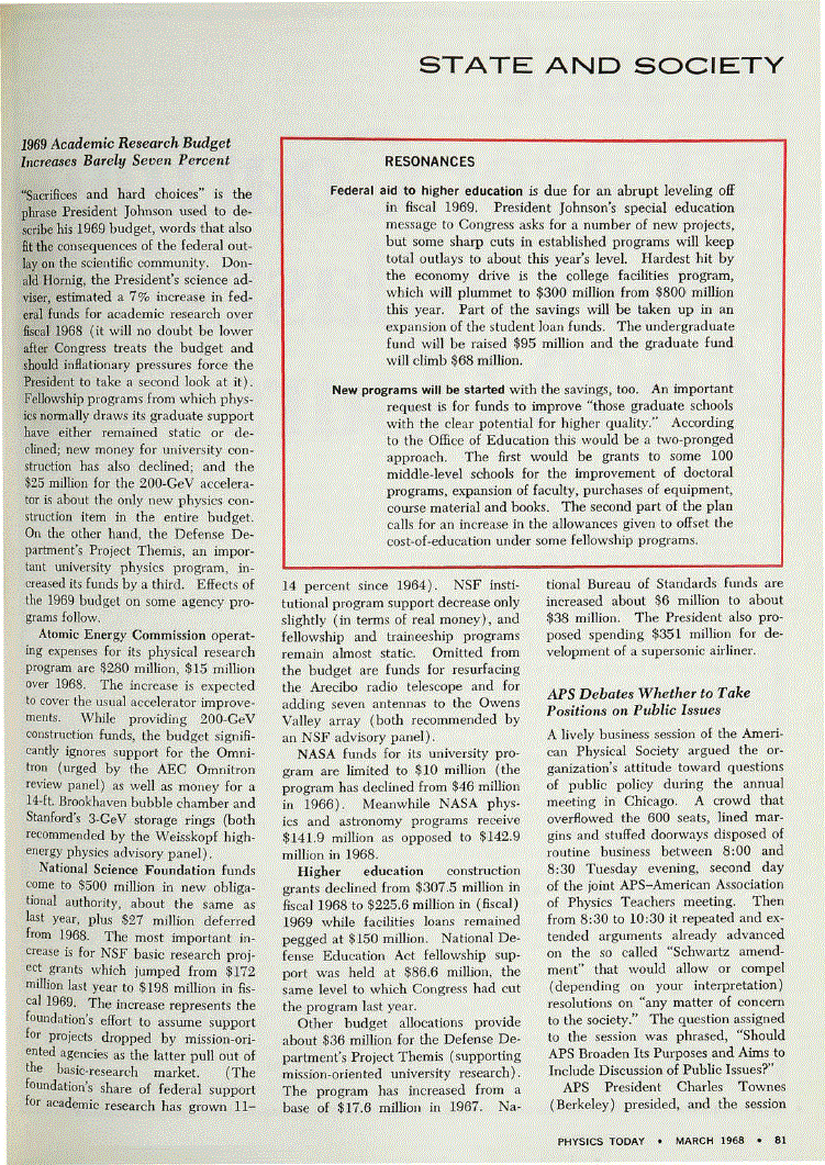 First page of 1969 Academic Research Budget Increases Barely Seven Percent