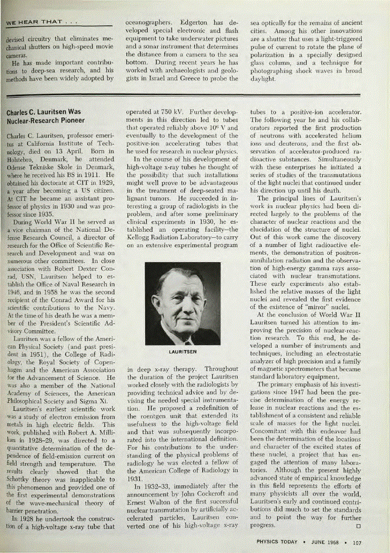 Charles C Lauritsen Was Nuclear‐Research Pioneer Physics Today AIP