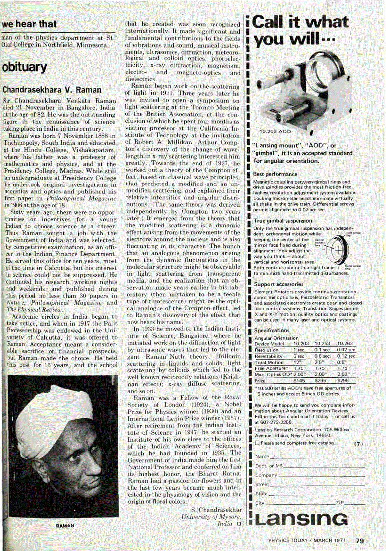 First page of Chandrasekhara V. Raman