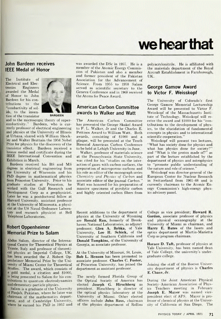 First page of John Bardeen receives IEEE Medal of Honor