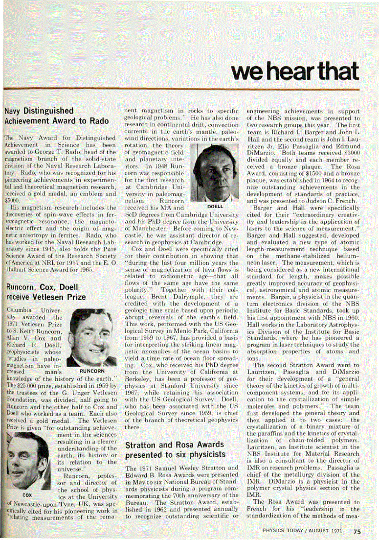 First page of Stratton and Rosa Awards presented to six physicists