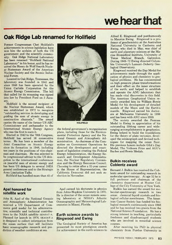 Earth science awards to Ringwood and Ewing Physics Today AIP Publishing