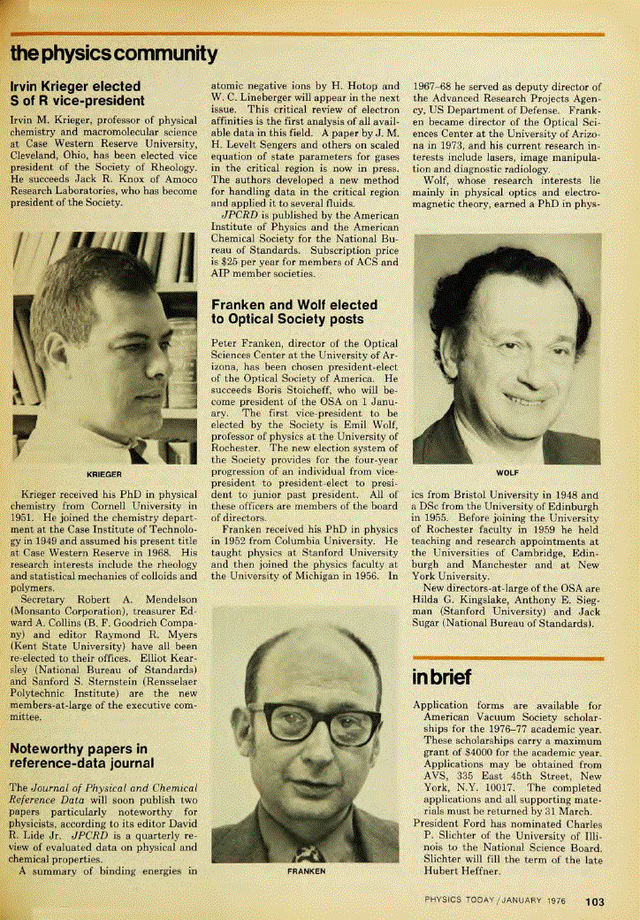 First page of Franken and Wolf elected to Optical Society posts