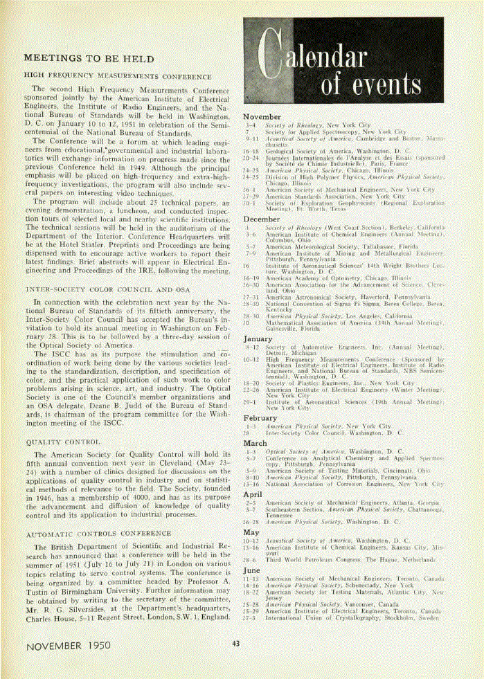 First page of Calendar of Events