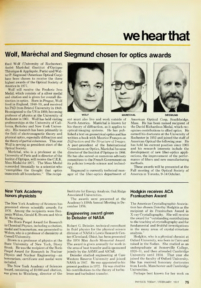 First page of Wolf, Maréchal and Siegmund chosen for optics awards