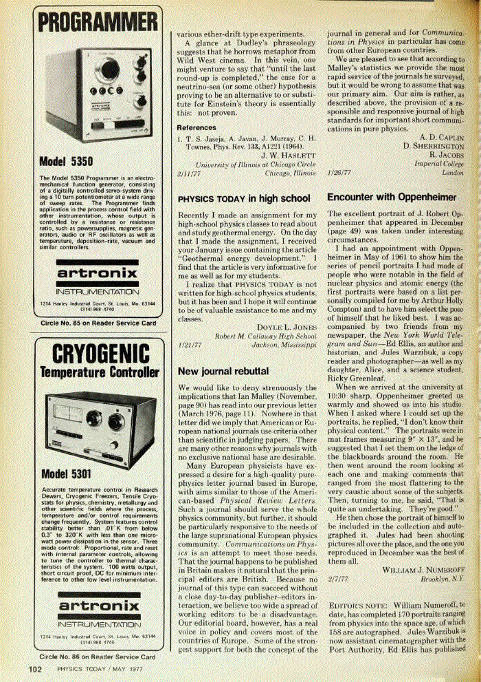 First page of <sc>PHYSICS TODAY</sc> in high school