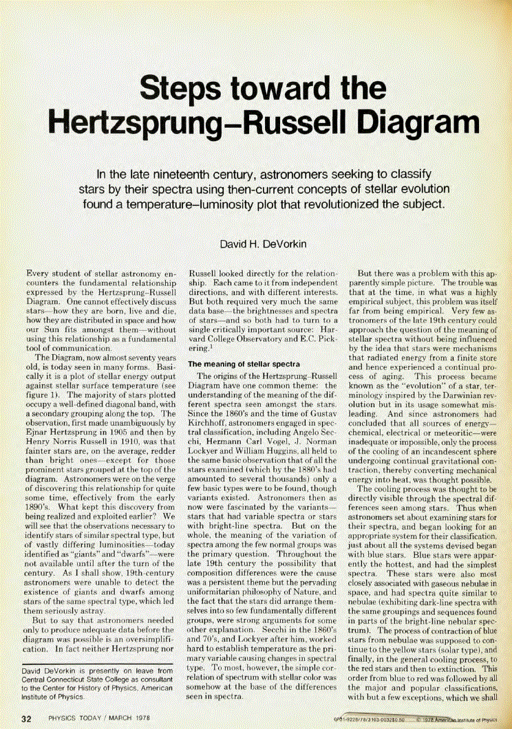 First page of Steps toward the Hertzsprung–Russell Diagram<alt-title alt-title-type="deck">In the late nineteenth century, astronomers seeking to classify stars by their spectra using then‐current concepts of stellar evolution found a temperature–luminosity plot that revolutionized the subject.</alt-title>