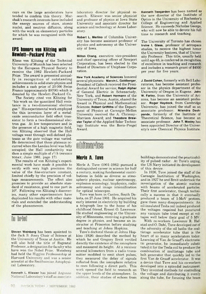 First page of EPS honors von Klitzing with Hewlett–Packard Prize
