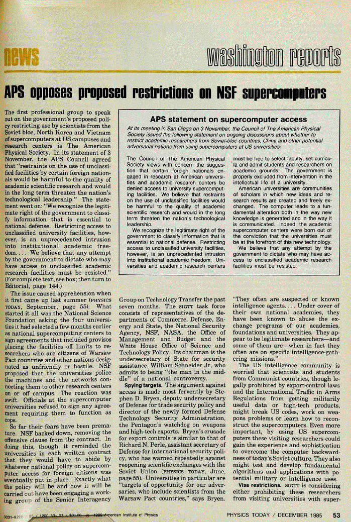 First page of APS Opposes Proposed Restrictions on NSF Supercomputers