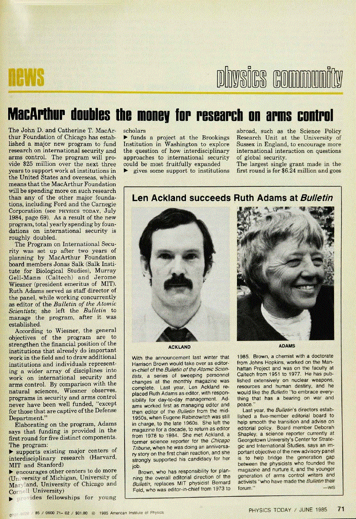 First page of MacArthur Doubles the Money for Research on Arms Control