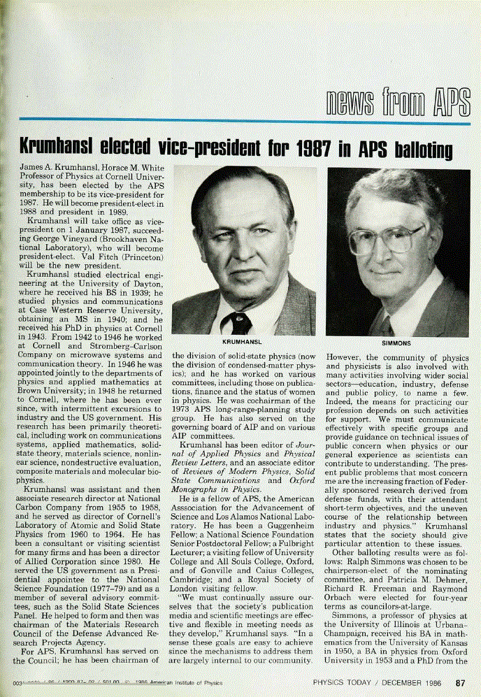 First page of Krumhansl Elected Vice‐President for 1987 in APS Balloting