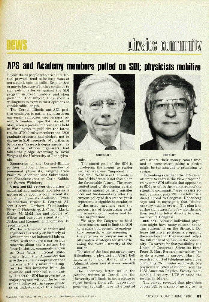 First page of APS and Academy Members Polled on SDI; Physicists Mobilize