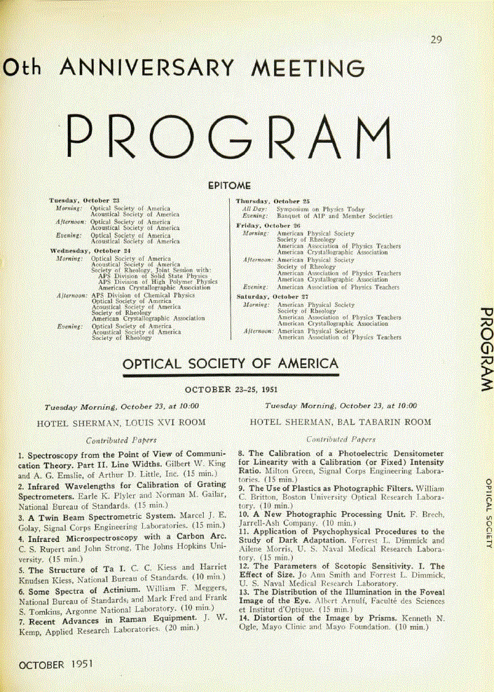 First page of AIP 20th Anniversary Meeting Program: Optical Society of America