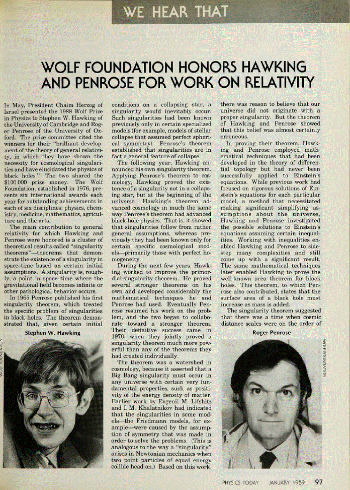 First page of Wolf Foundation Honors Hawking and Penrose for Work in Relativity