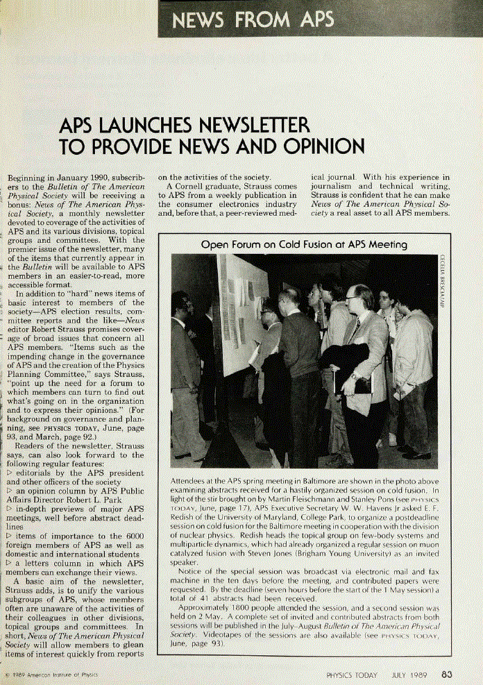 First page of APS Launches Newsletter to Provide News and Opinion