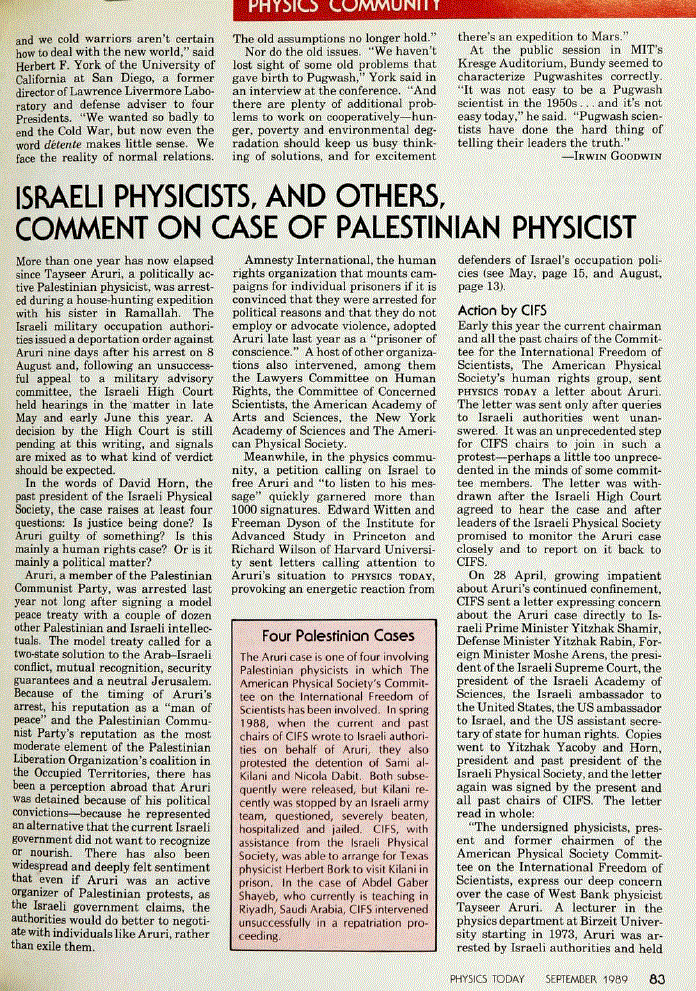 First page of Israeli Physicists, and Others, Comment on Case of Palestinian Physicist